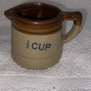 Stoneware Crock Pottery Handled Pitcher 1/4 Measuring Cup Brown Glaze Vintage